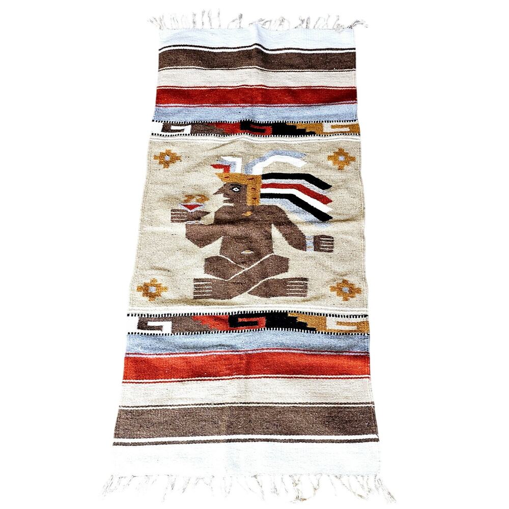 Vintage Mexican Zapotec Pictorial Tapestry Wall Hanging Runner Rug WARRIOR 54x26